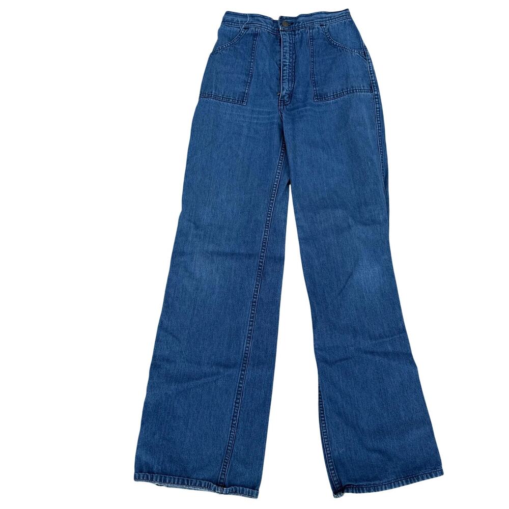 Vintage Trissi Jeans USA High Waist Wide Leg Patch Pocket Denim Women 14 Elastic
